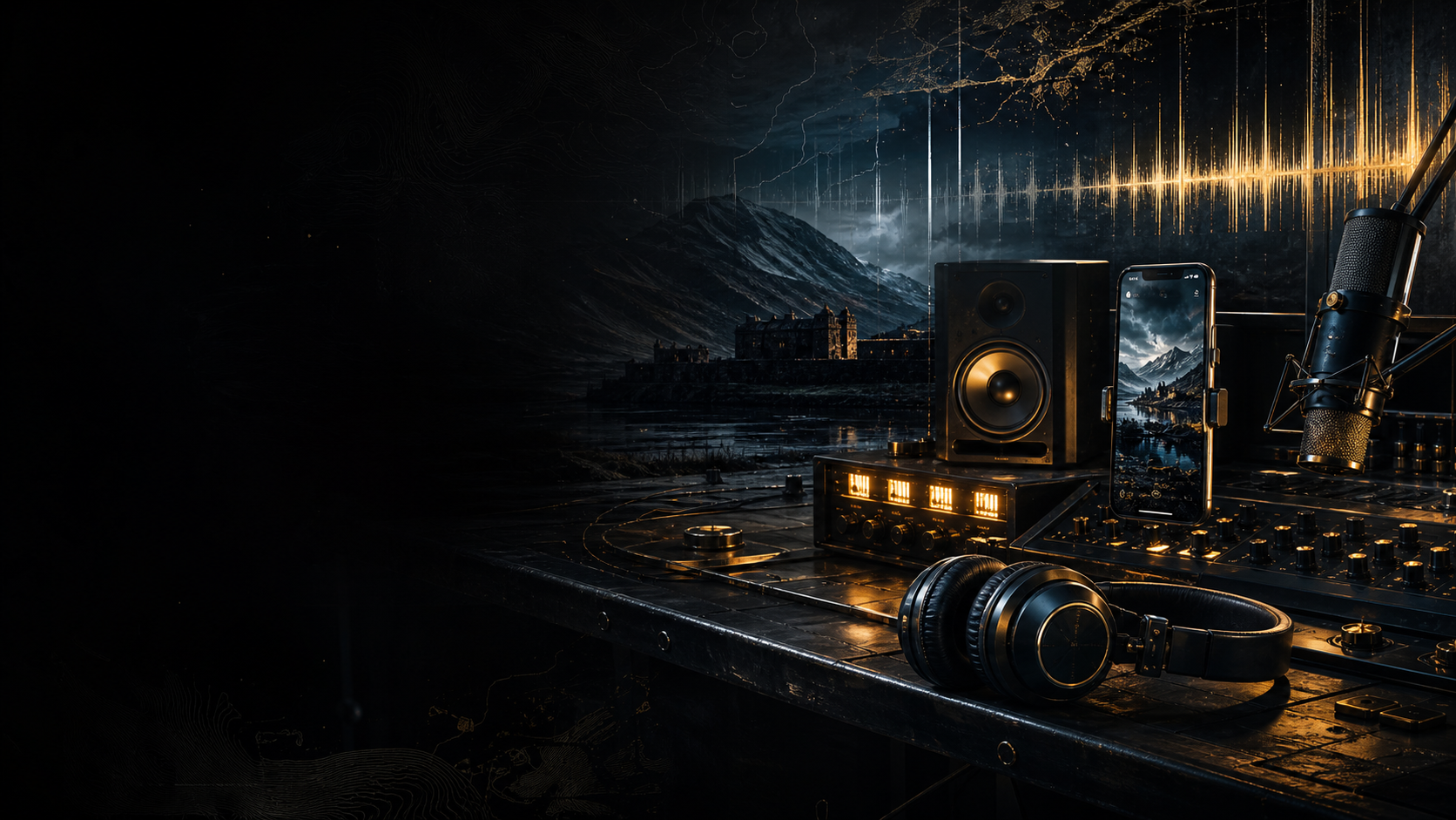 Dark cinematic music command room with gold highlights, highland atmosphere, and sound wave energy